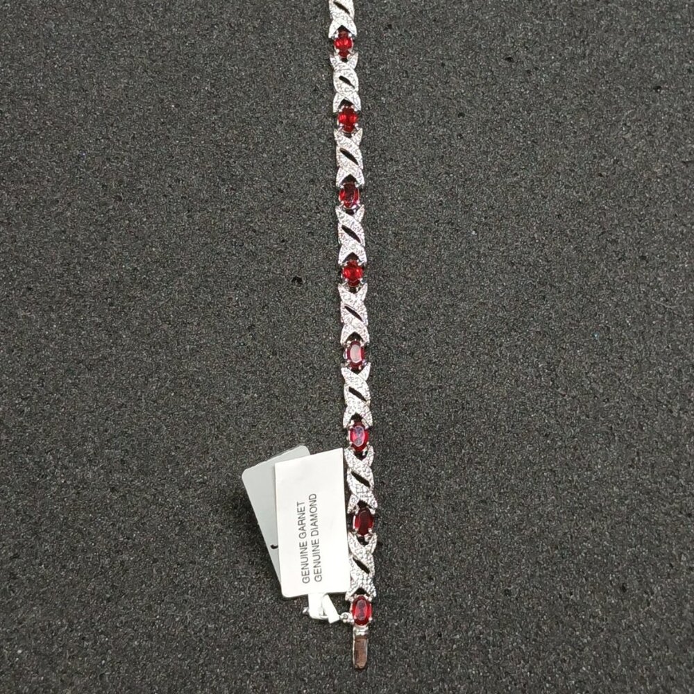 .925 Sterling Silver Garnet & Diamond Tennis Bracelet 7½" Dark Red NWT FMC